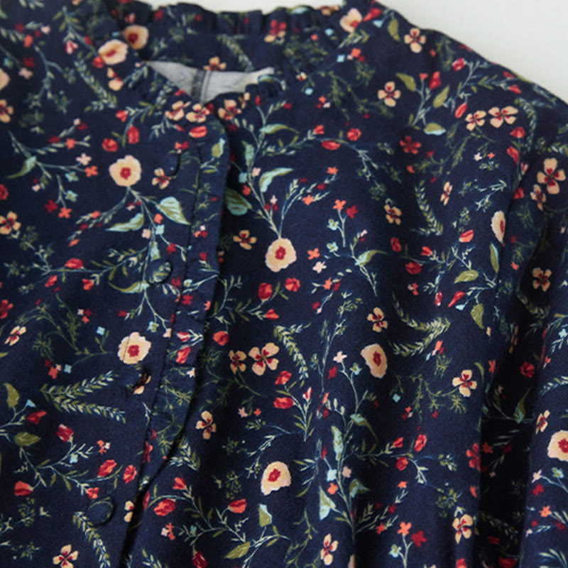 Cotton Linen Floral Long-Sleeve Mindful Midi Dress
