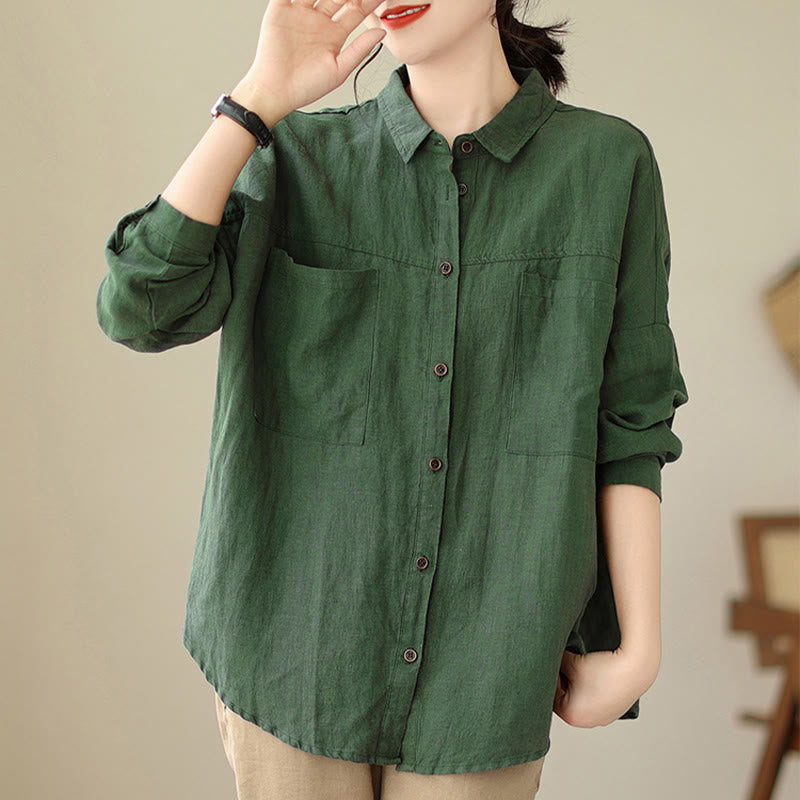 Casual Plain Women's Cotton Linen Long Sleeve Shirt