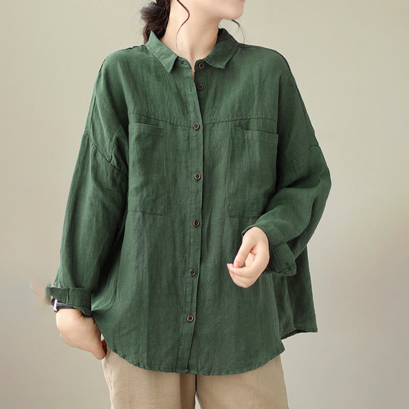 Casual Plain Women's Cotton Linen Long Sleeve Shirt