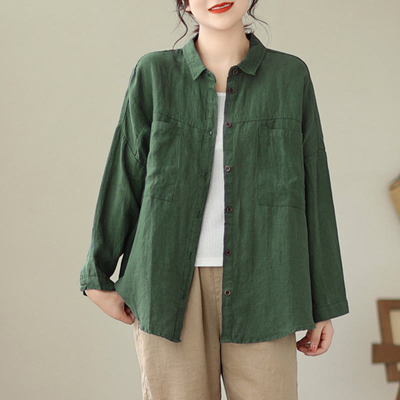Casual Plain Women's Cotton Linen Long Sleeve Shirt