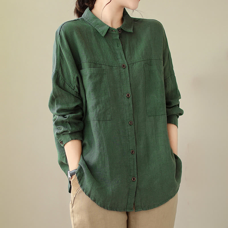 Casual Plain Women's Cotton Linen Long Sleeve Shirt