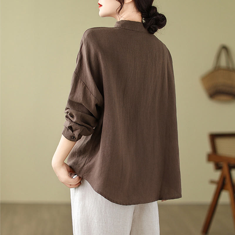 Casual Plain Women's Cotton Linen Long Sleeve Shirt