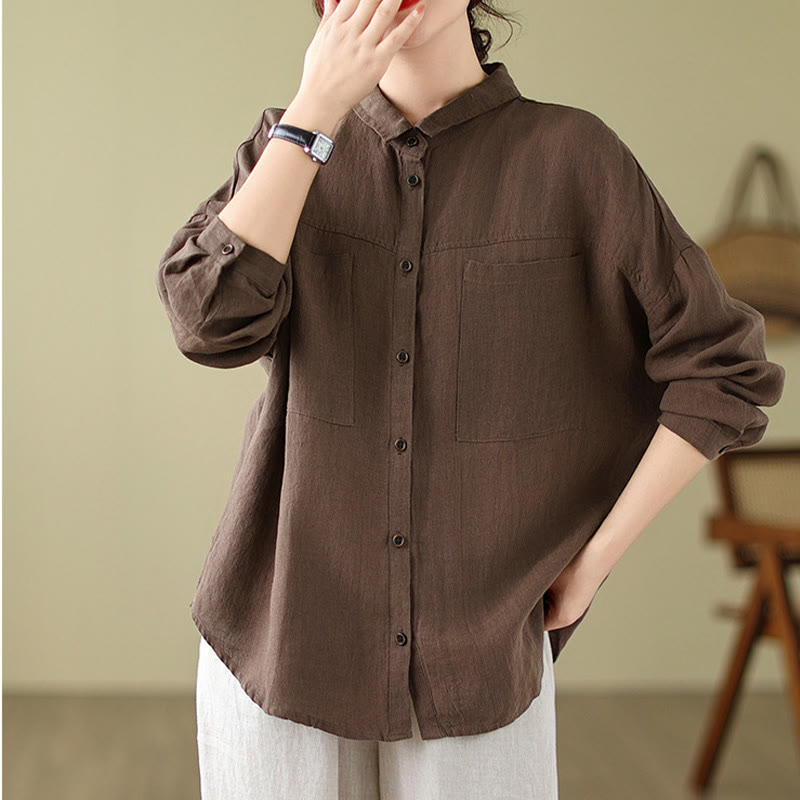 Casual Plain Women's Cotton Linen Long Sleeve Shirt