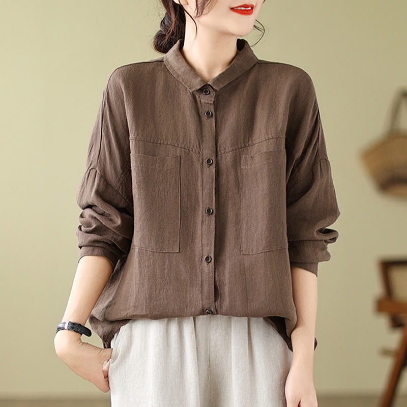 Casual Plain Women's Cotton Linen Long Sleeve Shirt