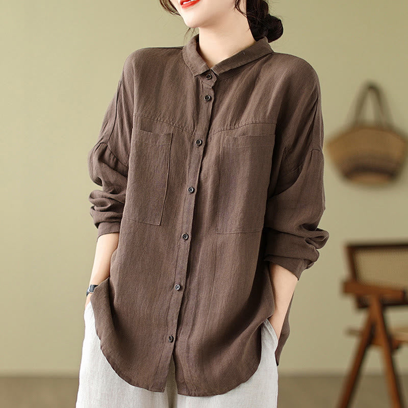 Casual Plain Women's Cotton Linen Long Sleeve Shirt