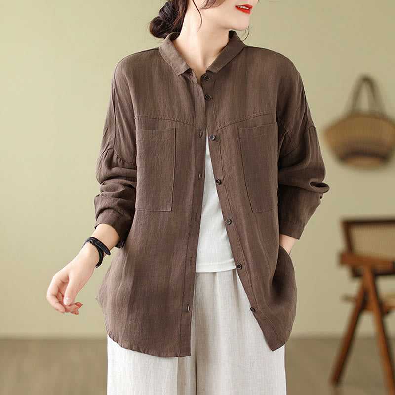 Casual Plain Women's Cotton Linen Long Sleeve Shirt