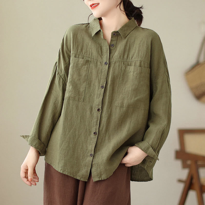 Casual Plain Women's Cotton Linen Long Sleeve Shirt