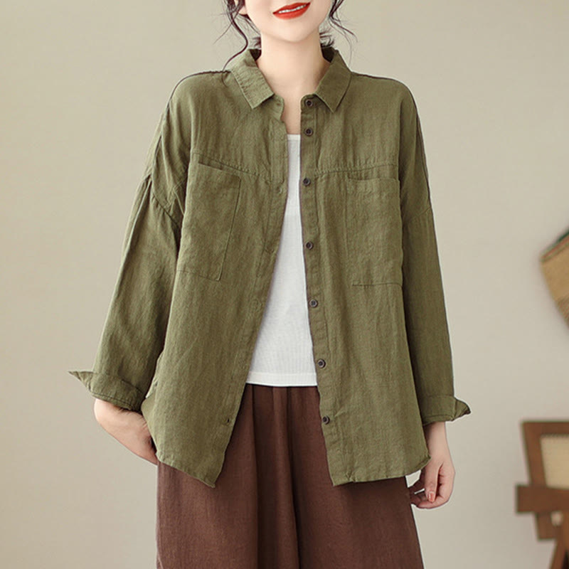 Casual Plain Women's Cotton Linen Long Sleeve Shirt