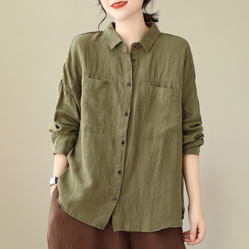Casual Plain Women's Cotton Linen Long Sleeve Shirt
