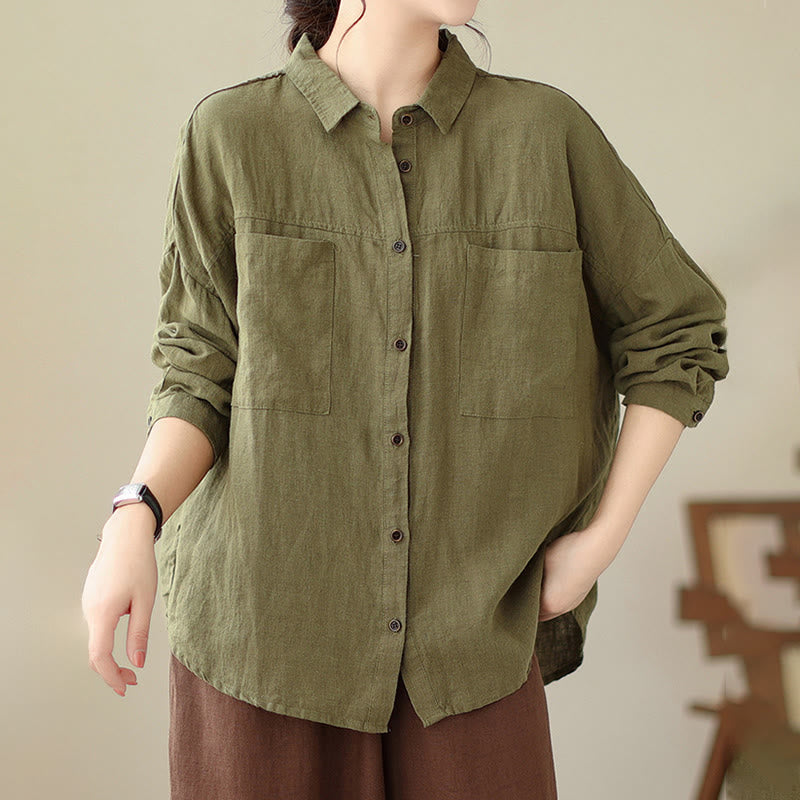 Casual Plain Women's Cotton Linen Long Sleeve Shirt