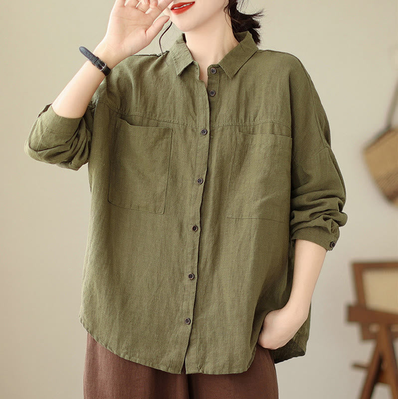 Casual Plain Women's Cotton Linen Long Sleeve Shirt