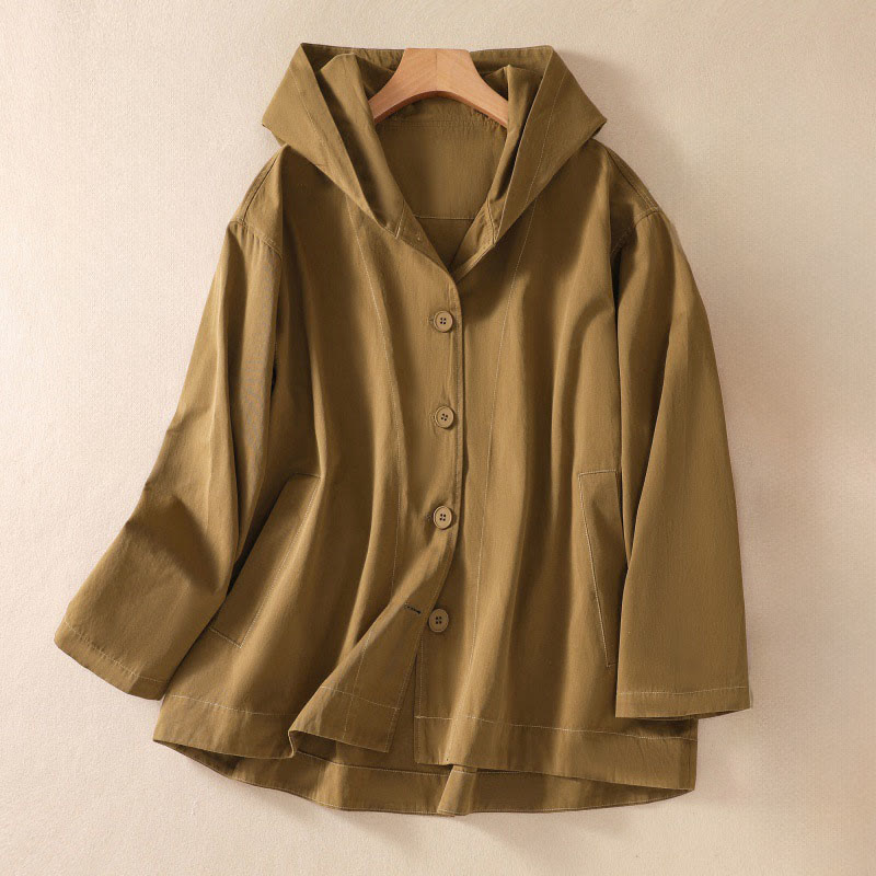 Pure Color Hooded Women's Long Sleeve Cotton Jacket With Pockets