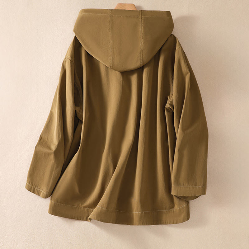 Pure Color Hooded Women's Long Sleeve Cotton Jacket With Pockets