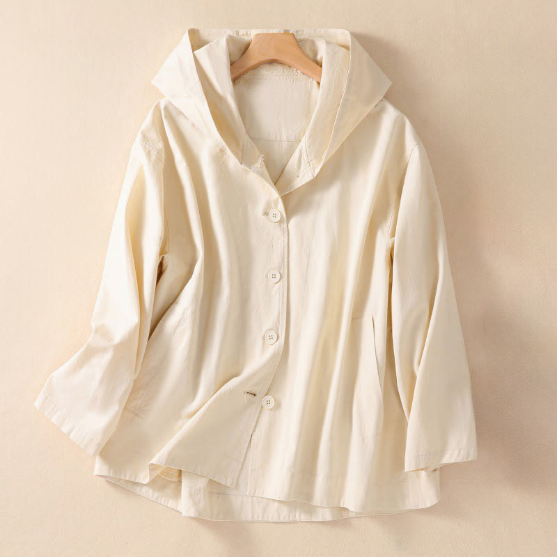 Pure Color Hooded Women's Long Sleeve Cotton Jacket With Pockets