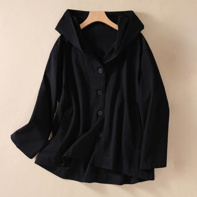 Pure Color Hooded Women's Long Sleeve Cotton Jacket With Pockets