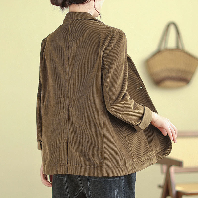 Retro Plain Women's Long Sleeve Corduroy Jacket With Pockets