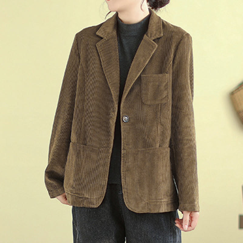 Retro Plain Women's Long Sleeve Corduroy Jacket With Pockets