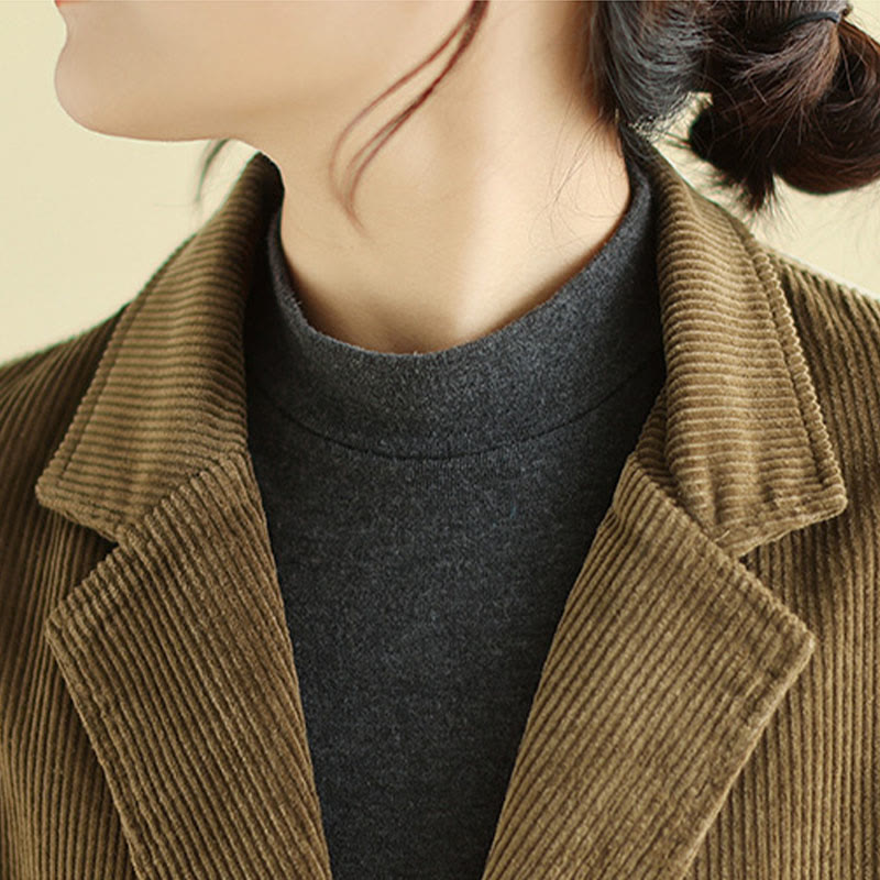 Retro Plain Women's Long Sleeve Corduroy Jacket With Pockets