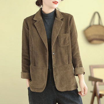 Retro Plain Women's Long Sleeve Corduroy Jacket With Pockets