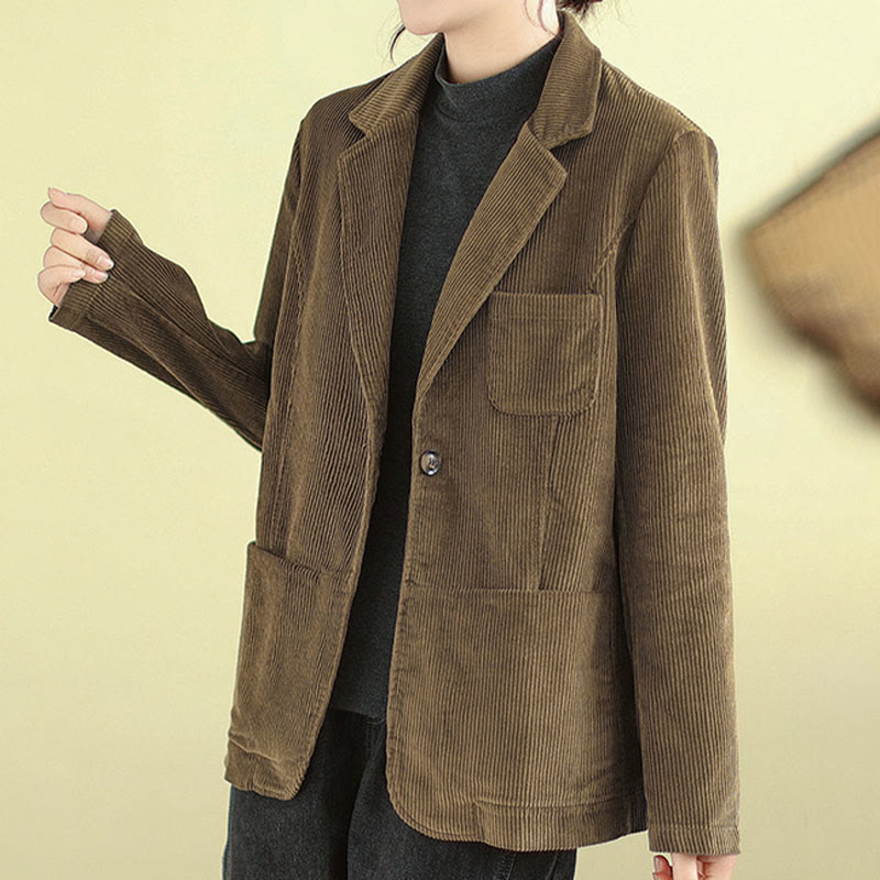 Retro Plain Women's Long Sleeve Corduroy Jacket With Pockets