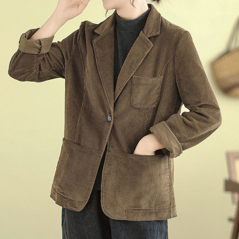 Retro Plain Women's Long Sleeve Corduroy Jacket With Pockets
