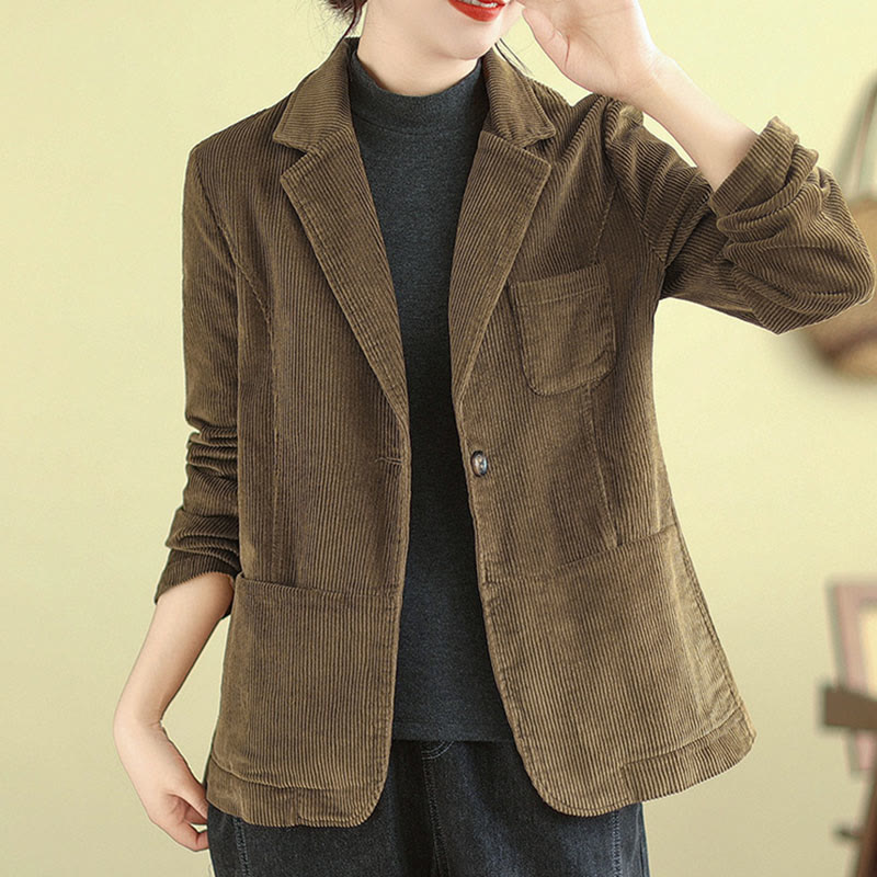 Retro Plain Women's Long Sleeve Corduroy Jacket With Pockets