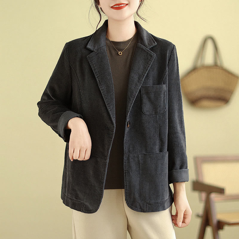 Retro Plain Women's Long Sleeve Corduroy Jacket With Pockets