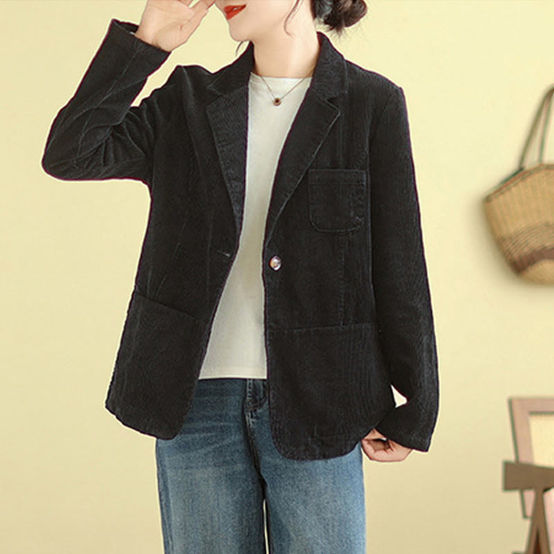 Retro Plain Women's Long Sleeve Corduroy Jacket With Pockets