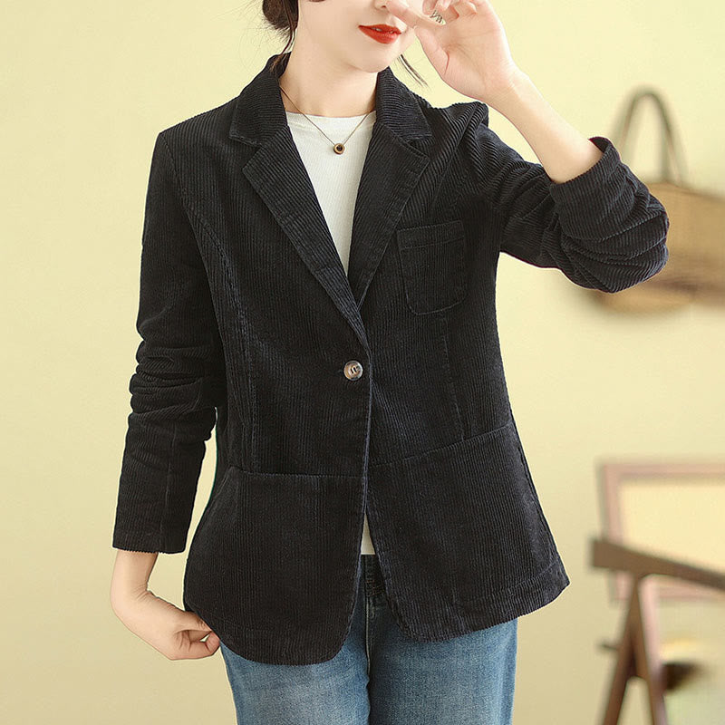 Retro Plain Women's Long Sleeve Corduroy Jacket With Pockets