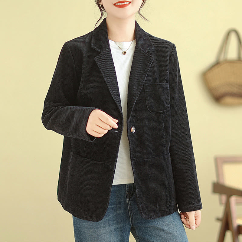 Retro Plain Women's Long Sleeve Corduroy Jacket With Pockets