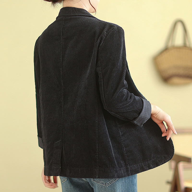 Retro Plain Women's Long Sleeve Corduroy Jacket With Pockets