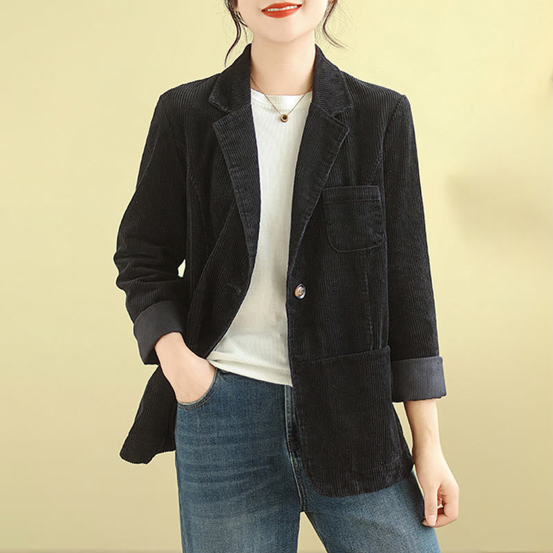 Retro Plain Women's Long Sleeve Corduroy Jacket With Pockets