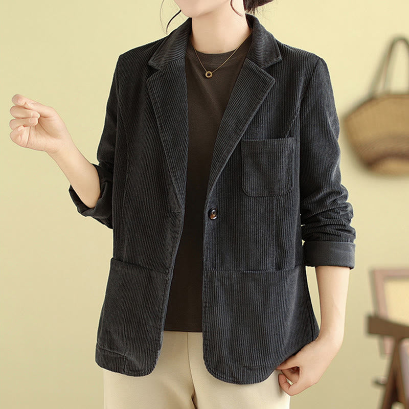 Retro Plain Women's Long Sleeve Corduroy Jacket With Pockets