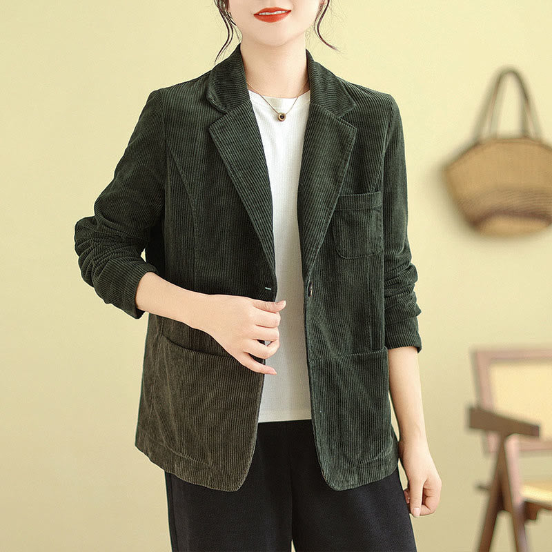 Retro Plain Women's Long Sleeve Corduroy Jacket With Pockets