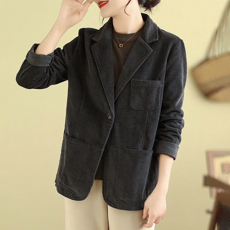 Retro Plain Women's Long Sleeve Corduroy Jacket With Pockets