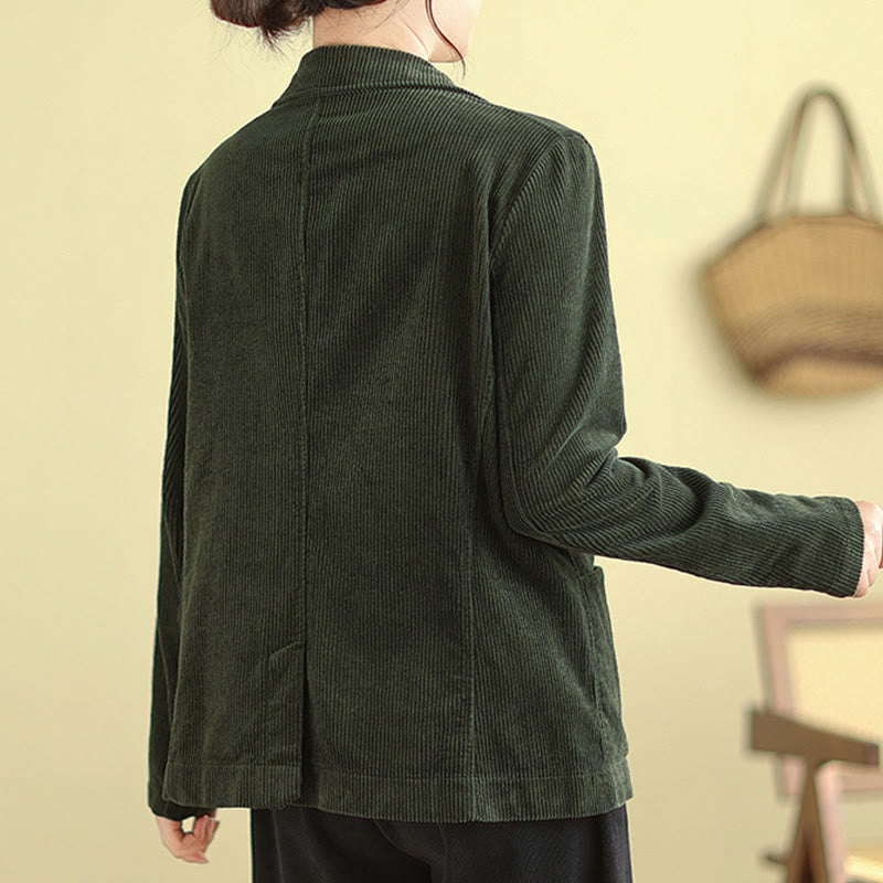 Retro Plain Women's Long Sleeve Corduroy Jacket With Pockets