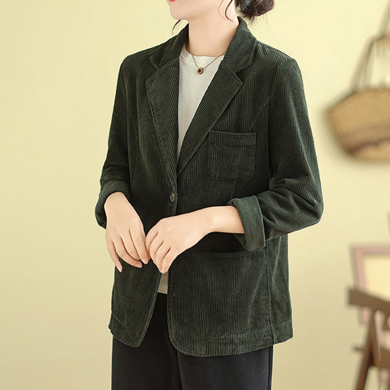 Retro Plain Women's Long Sleeve Corduroy Jacket With Pockets
