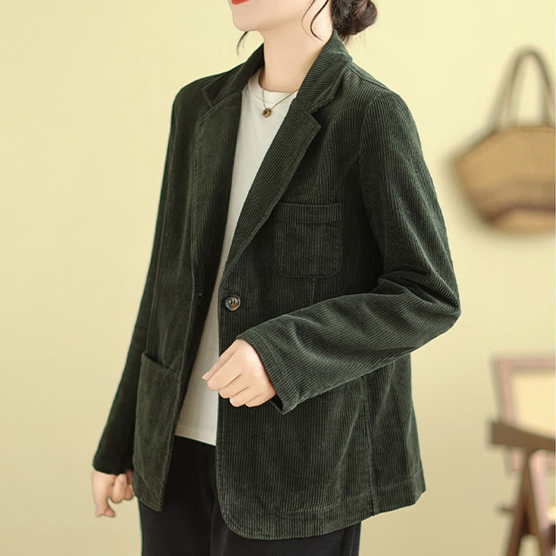 Retro Plain Women's Long Sleeve Corduroy Jacket With Pockets