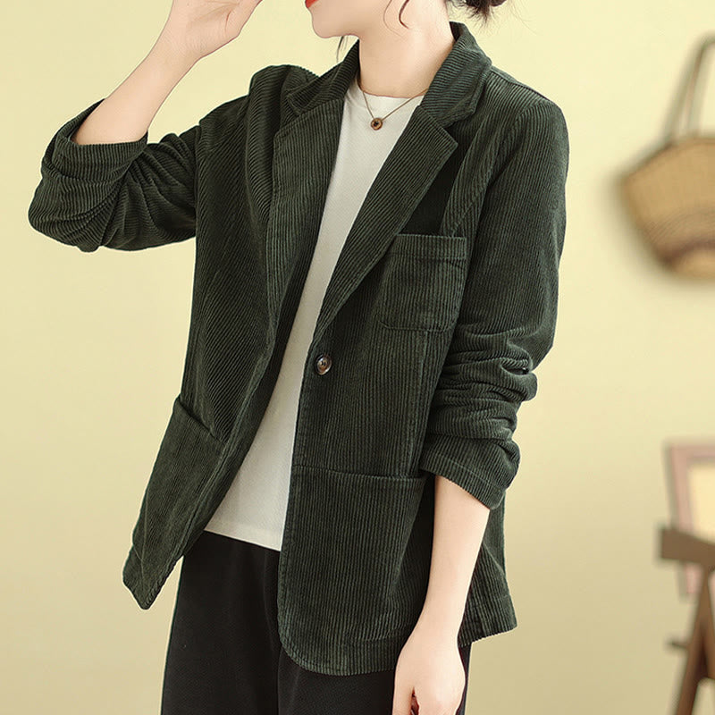 Retro Plain Women's Long Sleeve Corduroy Jacket With Pockets