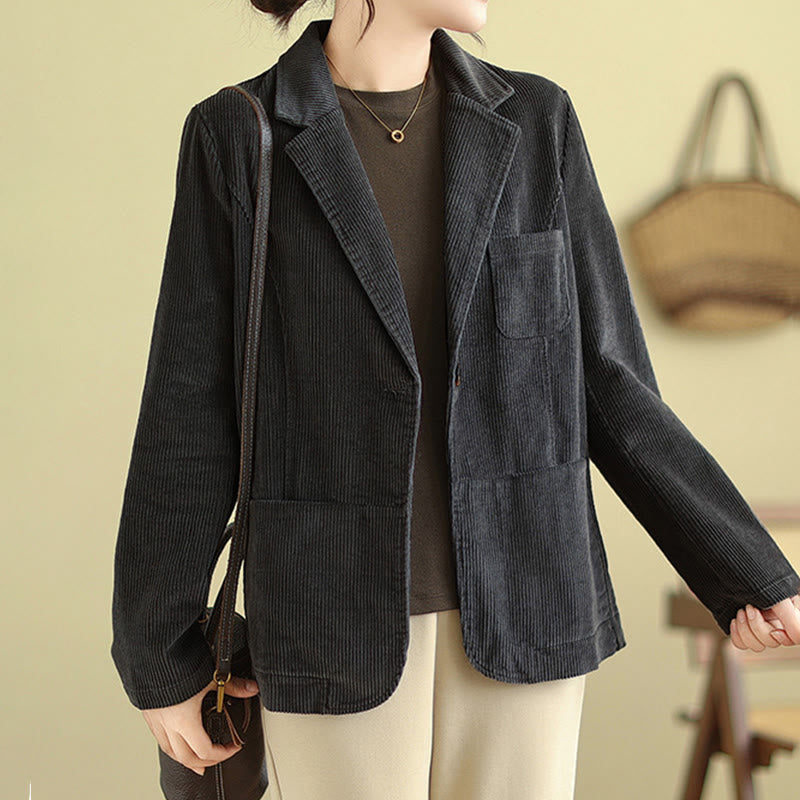 Retro Plain Women's Long Sleeve Corduroy Jacket With Pockets
