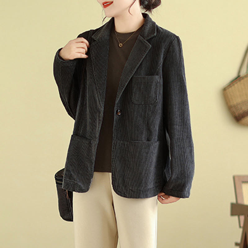Retro Plain Women's Long Sleeve Corduroy Jacket With Pockets