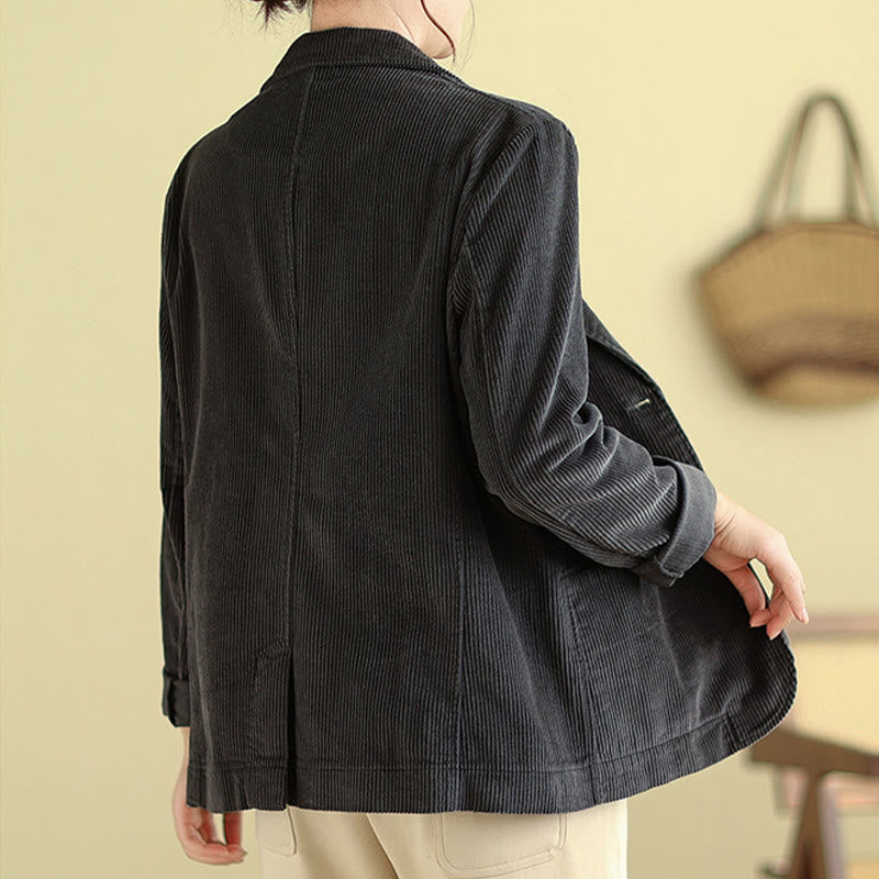 Retro Plain Women's Long Sleeve Corduroy Jacket With Pockets
