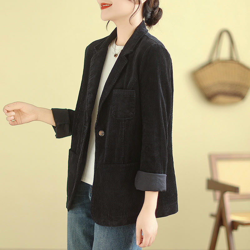 Retro Plain Women's Long Sleeve Corduroy Jacket With Pockets