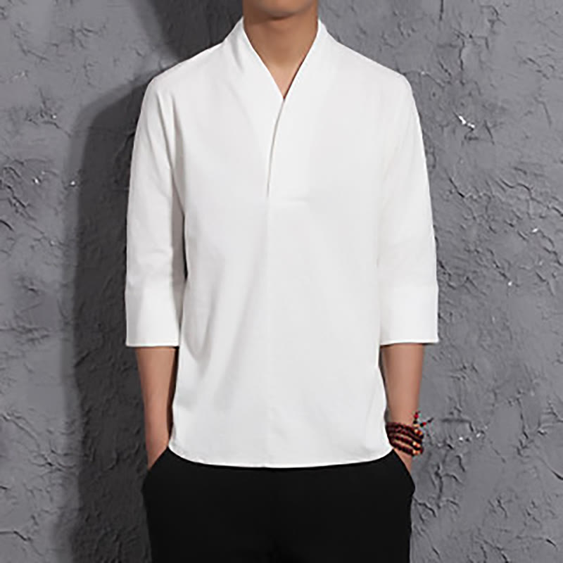 Casual V-Neck Three Quarter Sleeve Shirt Cotton Men Clothing