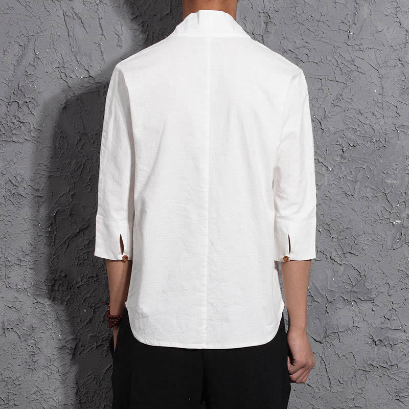 Casual V-Neck Three Quarter Sleeve Shirt Cotton Men Clothing