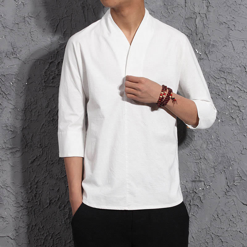 Casual V-Neck Three Quarter Sleeve Shirt Cotton Men Clothing