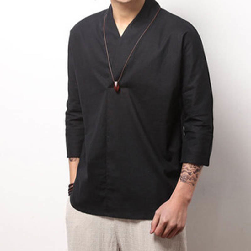 Casual V-Neck Three Quarter Sleeve Shirt Cotton Men Clothing