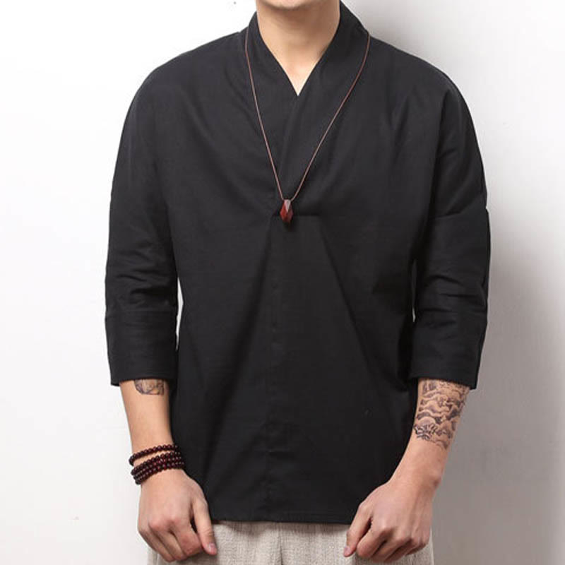 Casual V-Neck Three Quarter Sleeve Shirt Cotton Men Clothing