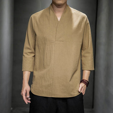 Casual V-Neck Three Quarter Sleeve Shirt Cotton Men Clothing