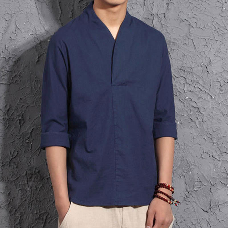 Casual V-Neck Three Quarter Sleeve Shirt Cotton Men Clothing